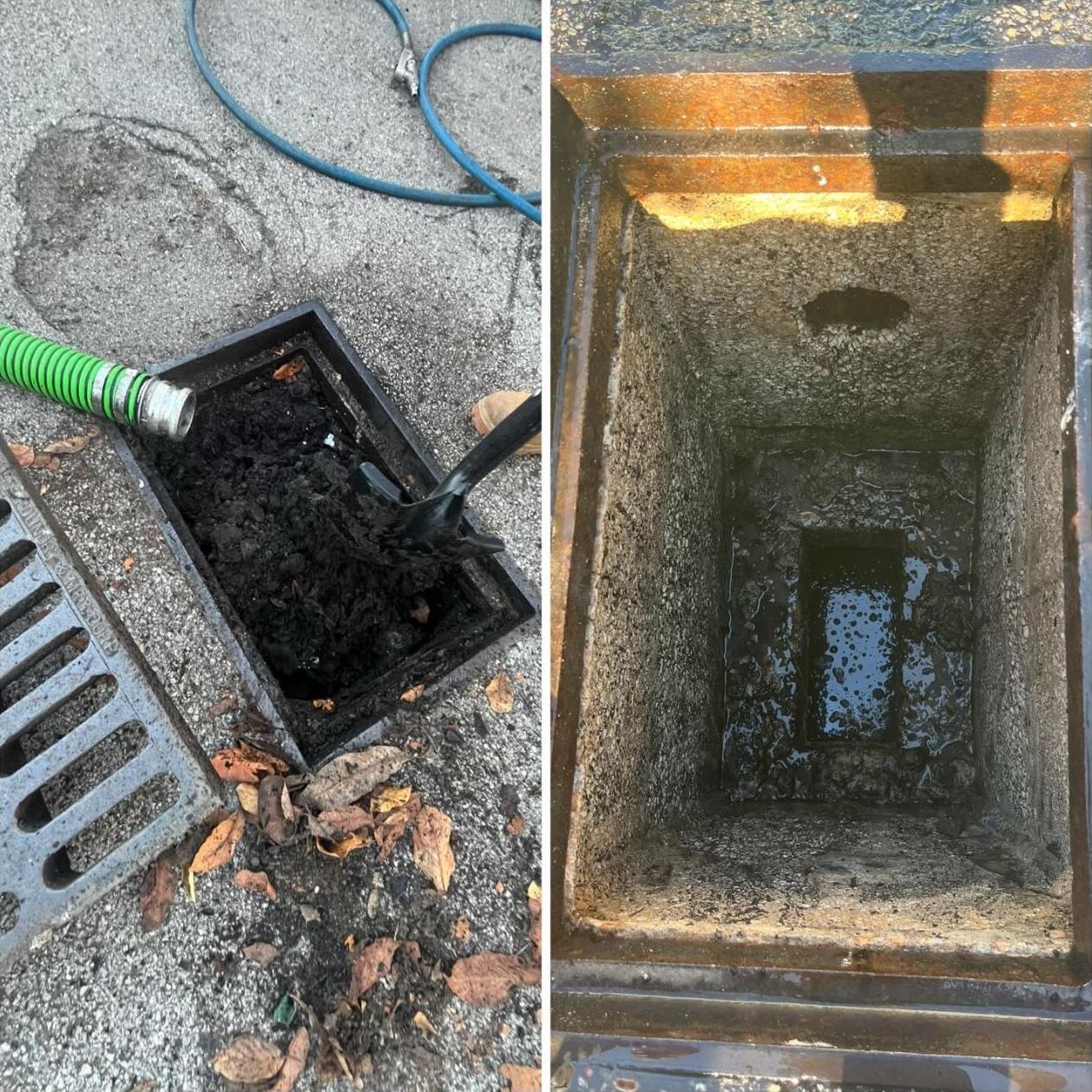 Storm drain catch basin full of debris, and the same basin vacuumed clean